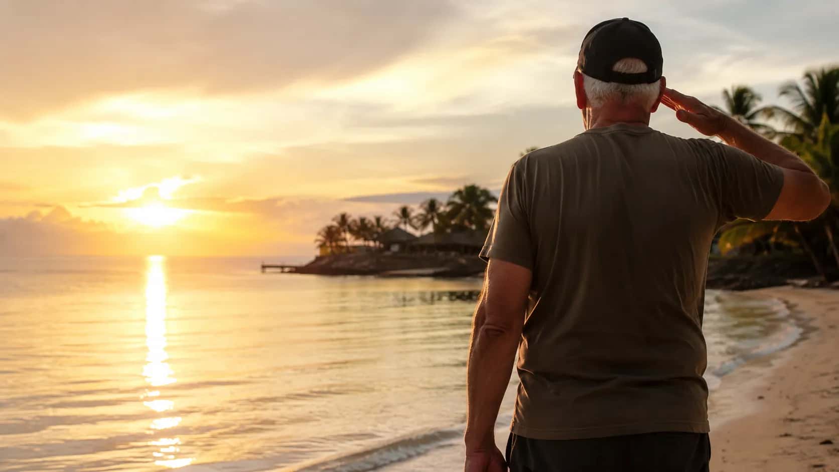 A veteran saluting the sunset over a Philippine beach