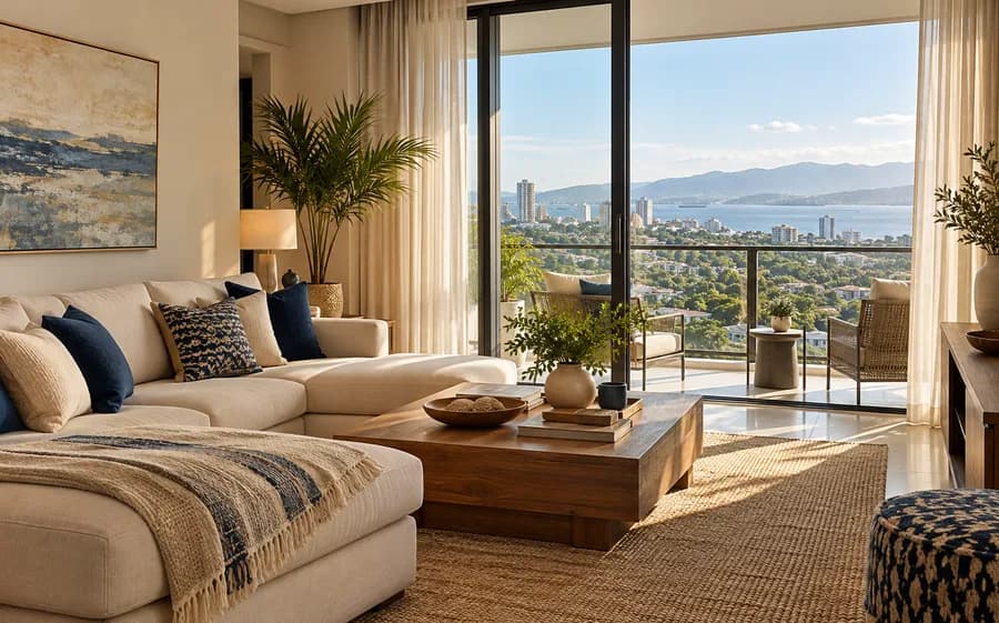 Illustrative apartment interior with a balcony