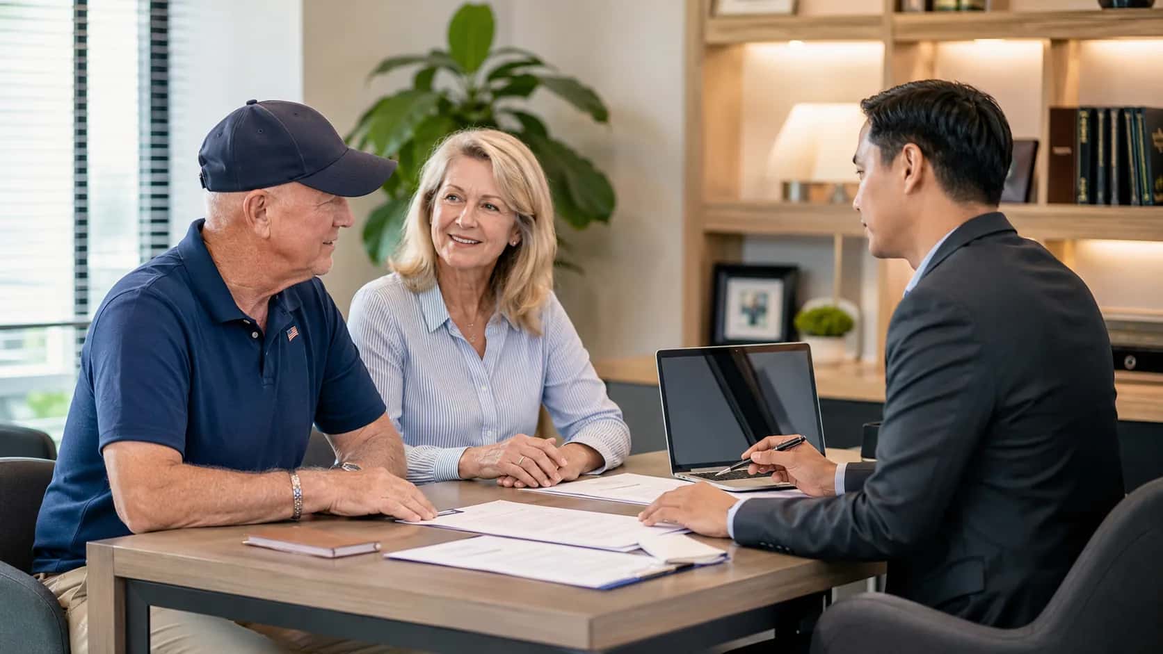 A veteran couple reviewing SRRV paperwork with an advisor across a desk