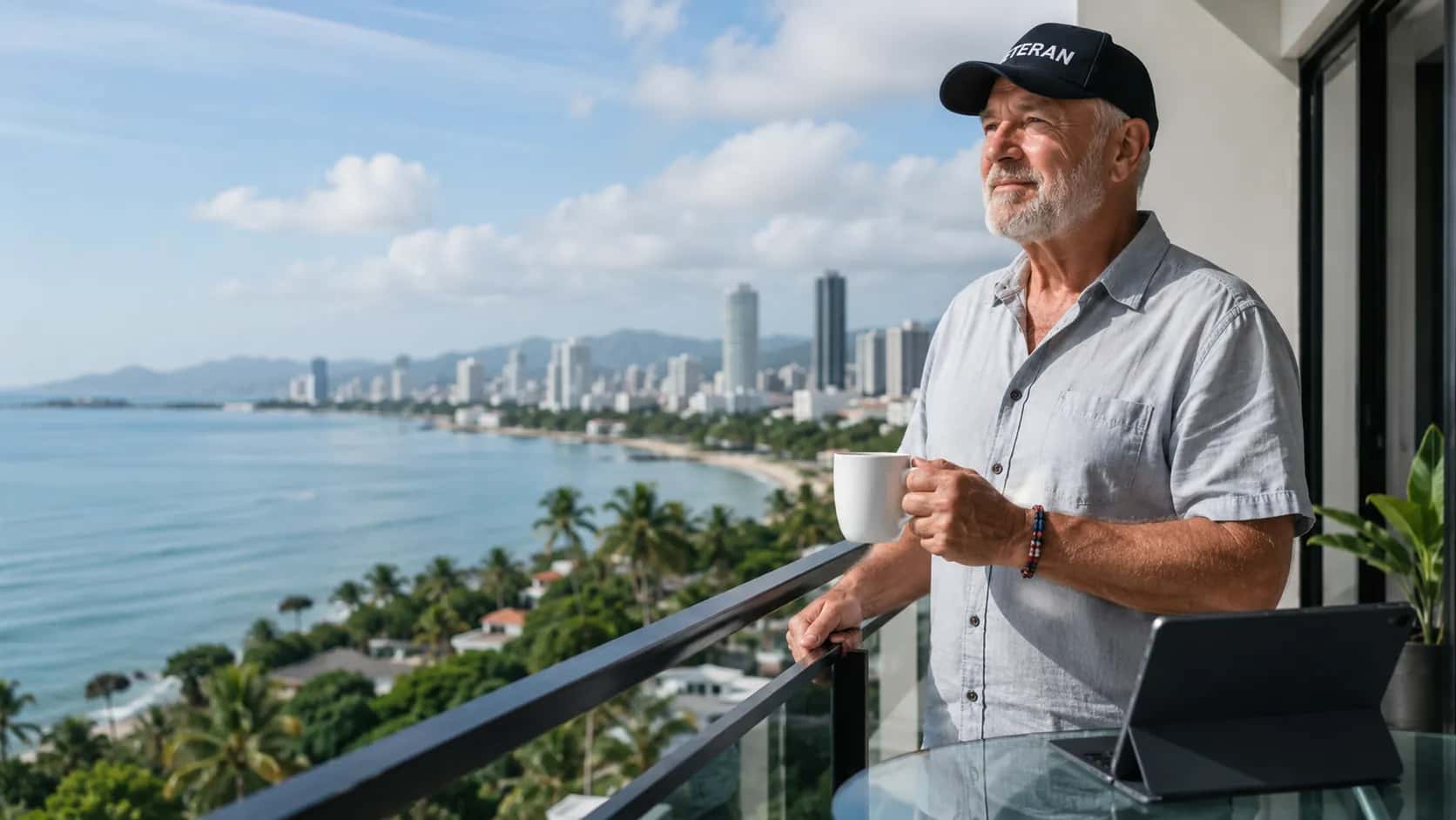 A retiree in a veteran cap with morning coffee on a high balcony over a Philippine coastal city