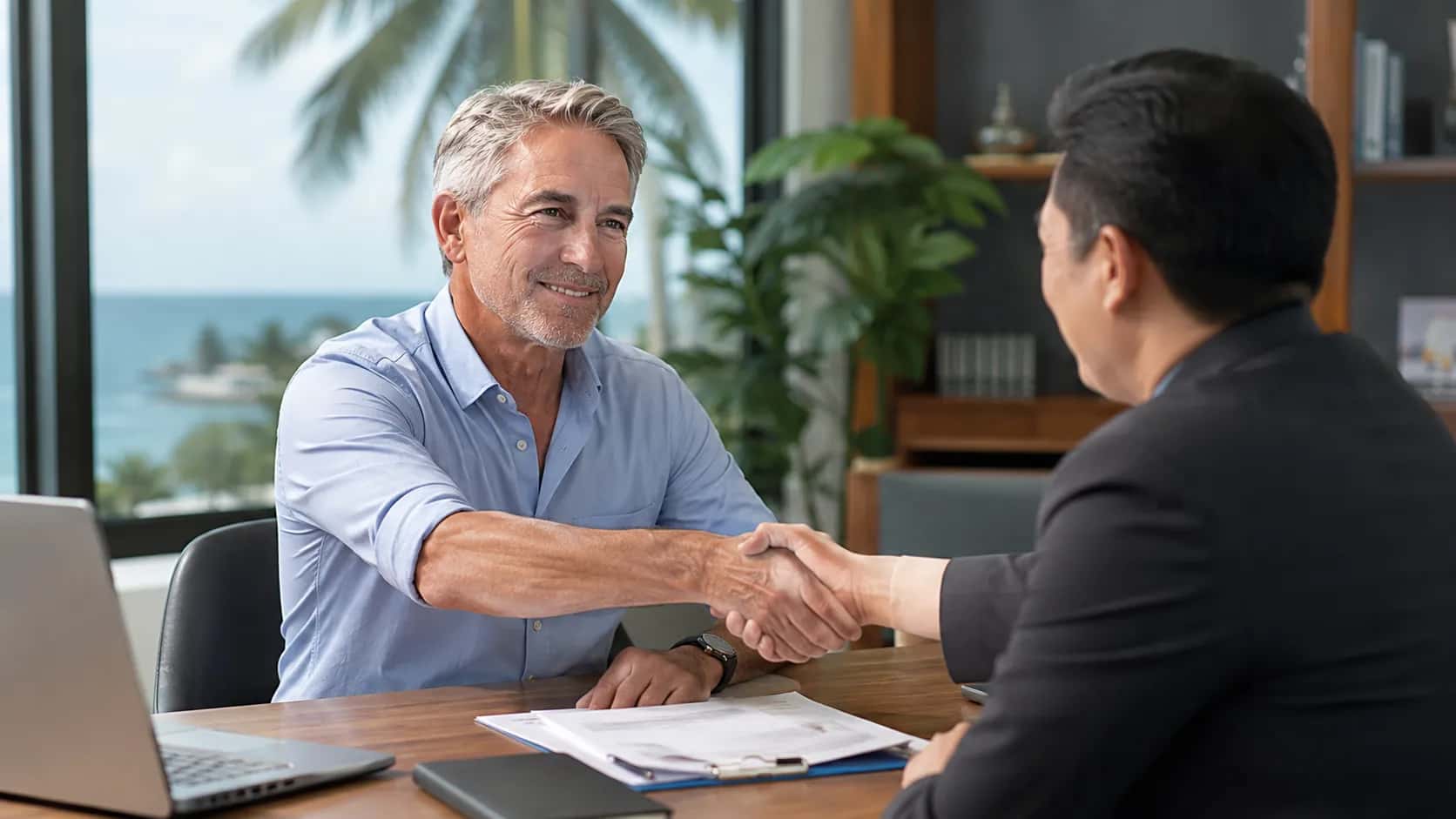 A client and a GoSRRV advisor shaking hands across a desk, palms and sea through the window