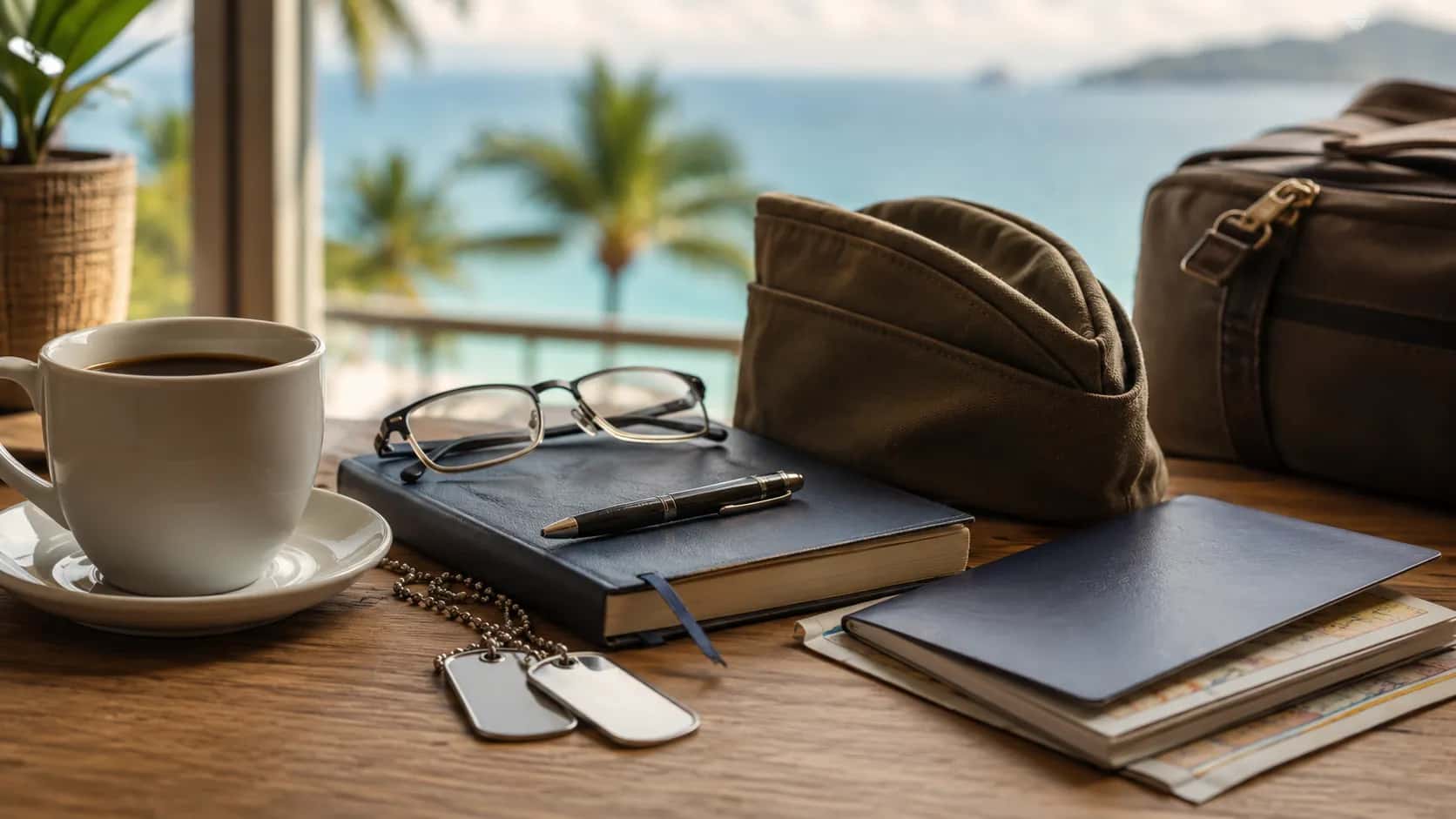 A desk flatlay with dog tags, a garrison cap, passports, and reading glasses by a window over a Philippine beach