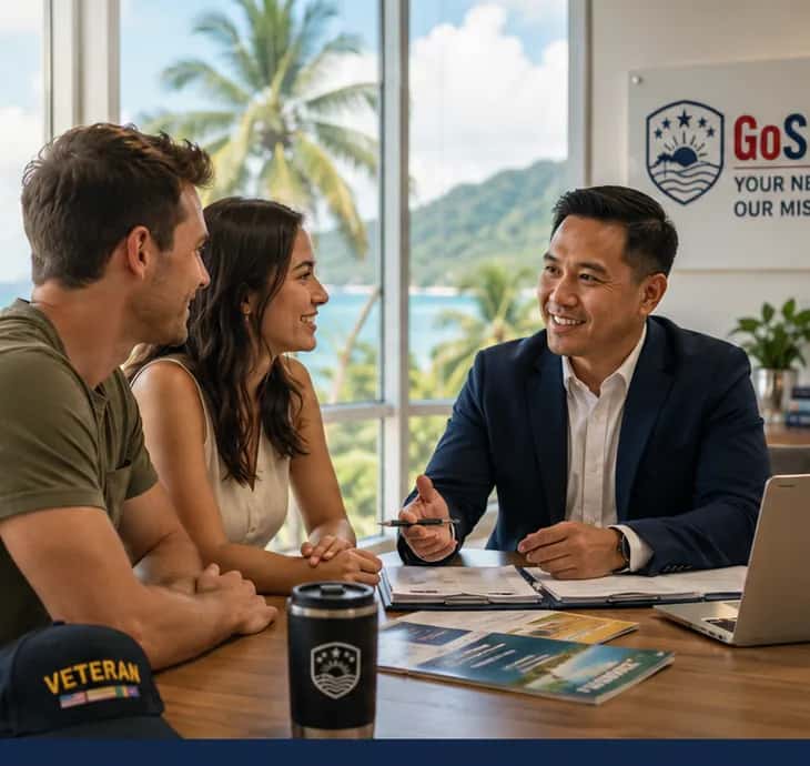 A veteran reviewing route options with an advisor at a consultation table